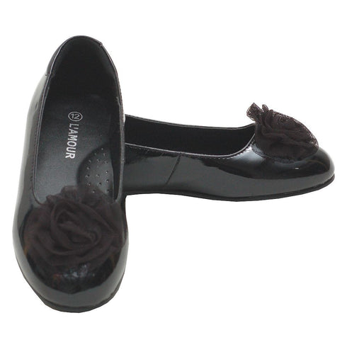 L'Amour Girls Black Flower Slip On Dress Shoes Toddler 5-Little Girl 4 - SophiasStyle.com